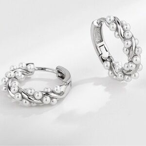 Silvertone with Faux Pearl Hoop Earrings NWT